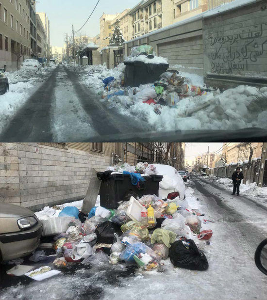 انباشت زباله‌های تهران در روز برفی