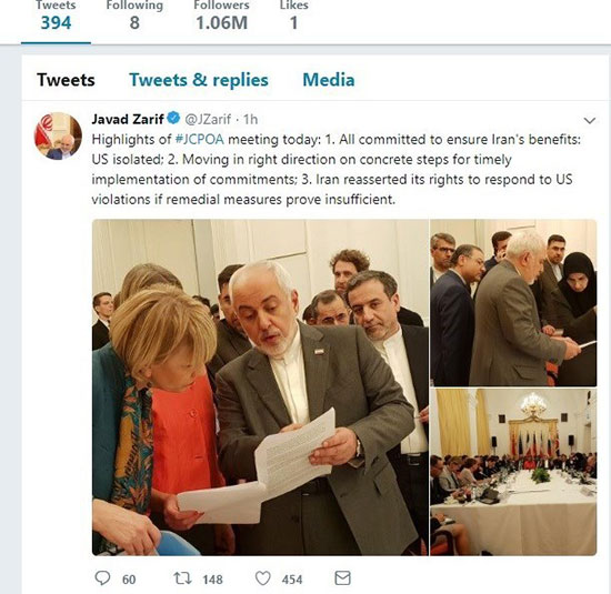 توئیت ظریف پس از نشست وین: آمریکا منزوی شد