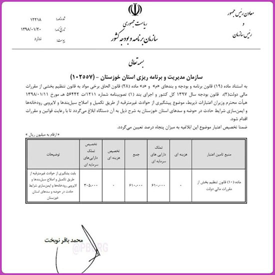 دستور نوبخت برای پرداخت ۳۰۵ میلیارد ریال به استانداری خوزستان