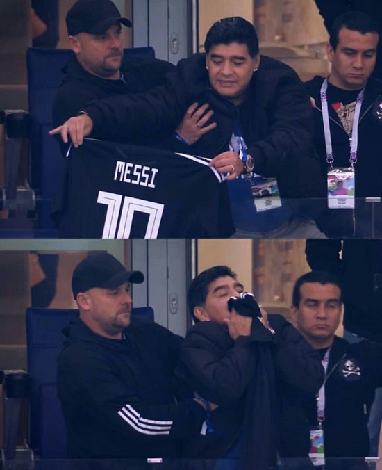 مارادونا و بوسه بر پیراهن لیونل مسی