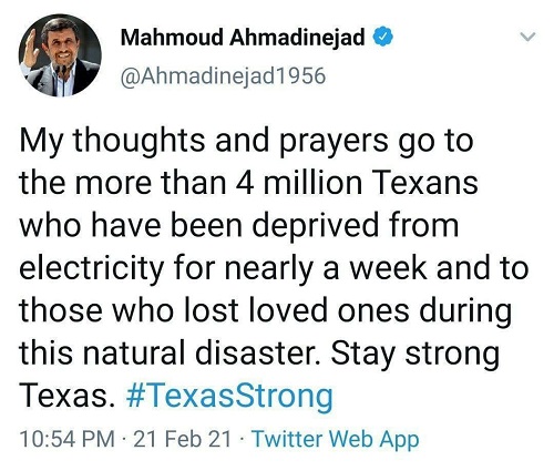توئیت احمدی‌نژاد و دعا برای مردم تگزاس