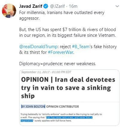 ظریف به ادعای ترامپ درباره ایران پاسخ داد