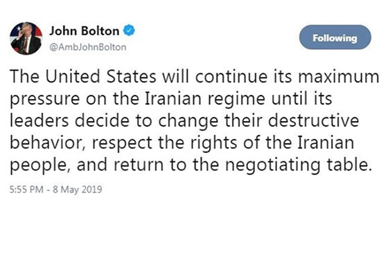تاکید جان بولتون بر ادامه فشار حداکثری بر ایران