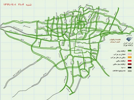 نقشه آنلاین ترافیک تهران در ساعت ۲۱
