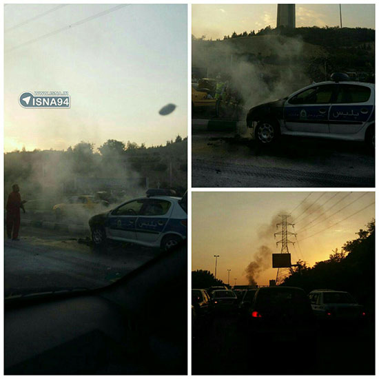 آتش گرفتن خودرو پلیس راهور در حاشیه برج میلاد