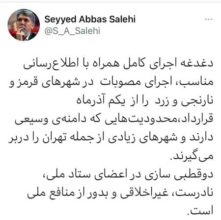 صالحی: دوقطبی‌سازی به دور از منافع ملی است