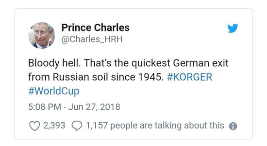 توییت پرنس چارلز درباره حذف آلمان از جام‌جهانی
