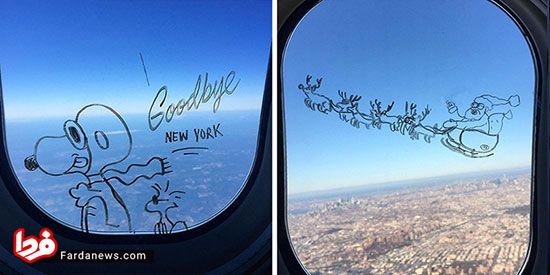 هنرنمایی یک مسافر روی شیشه هواپیما!