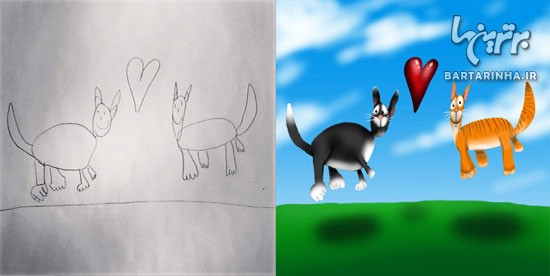 خلاقیت جالب پدر با نقاشی‌های فرزندان