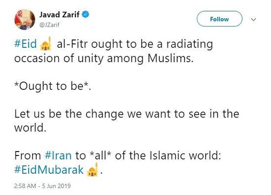 درخواست توئیتری ظریف از جهان اسلام